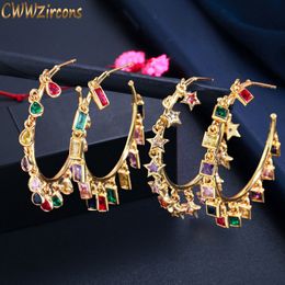 Stud CWWZircons Chic Goud Kleur Regenboog CZ Grote Cirkel Ronde Dangle Tassel Drop Charms Oorringen voor Vrouwen Boho Sieraden CZ818 230725