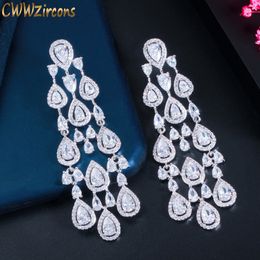 Stud CWWZircons Trendy Clear White Water Drop Zirconia Vrouwen Lange Tassel Brazilië Stijl Party Earring Brincos Bijoux Gift CZ816 230725