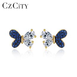 Stud CZCITY Sapphire Blue Cubic Zirconia 925 Sterling Silver Butterfly Oorbellen Verguld Ongebruikelijke Luxe Party Fine Jewelry 230807