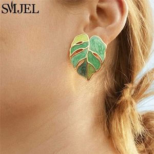 Boucles d'oreilles en feuilles de feuilles roses vertes en pendant en émail verte de lustre vertige Smjel