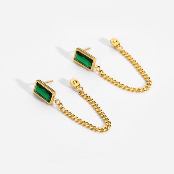 Pendientes de oro con cadena cubana para mujer, aretes de acero inoxidable 316L chapado en 18K, esmeralda rectangular de doble cara, piedra CZ, pendiente