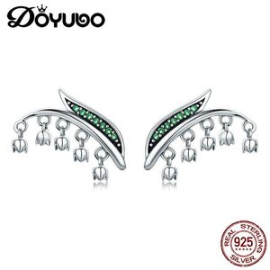 Stud Doyubo Vintage dames echte zilveren oorbellen groene kubieke zirkonia wind chime blad dame mode sieraden aff030