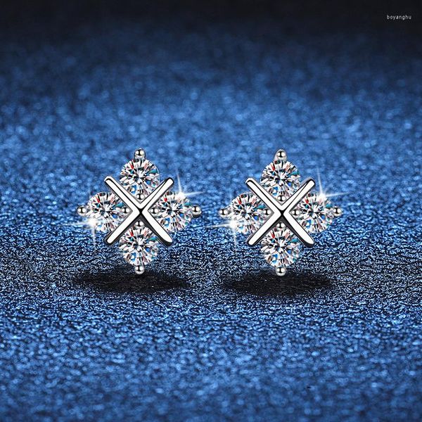 Boucles d'Oreilles 0.8ct D Couleur Moissanite Croix Femme Argent Sterling 925 4 Pierre Diamant Clous d'Oreille Plaqué Platine