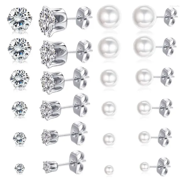 Boucles d'oreilles à tige en acier inoxydable, 1 paire/12 paires, ensemble de boules de perles en zircone cubique, 3-8mm, CZ assortis pour femmes et filles