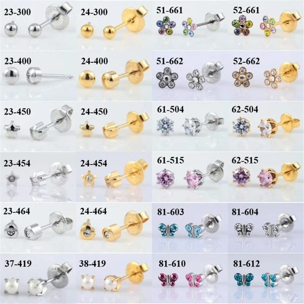 Boucles d'oreilles 1 paire 316l Steel oreilles cz CZ Ball Heart Star Flower couronne papillon stérilisé des cadeaux de bébé emballés stérilisés bijoux