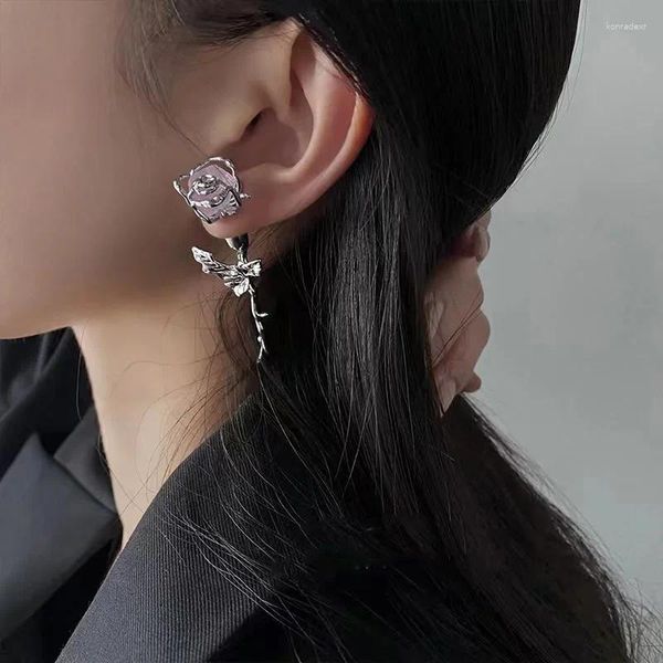 Boucles d'oreilles 1 paire Cool doux améthyste Rose fleur pour femmes Punk Branches feuilles longue boucle d'oreille filles bijoux cadeau Pendientes