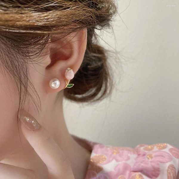 Pendientes de botón 1 par de pendientes de tuerca para mujer, joyería de perlas de flores de moda de tulipán para chicas adolescentes