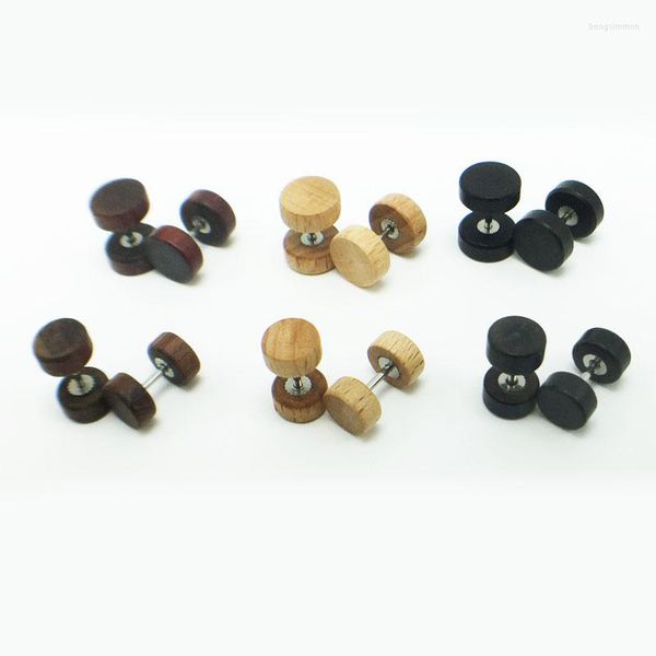 Pendientes de tuerca, 1 par de Pendientes de tuerca para hombre, Pendientes de madera Natural, barra de acero inoxidable marrón y negro, Pendientes antialérgicos