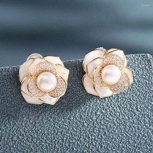 Stud -oorbellen 1 paar sexy kubieke zirkon rose oorring studs luxe parel mode sieraden voor vrouw cadeau