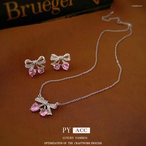 Pendientes de tuerca 1 par de agujas de plata Color rosa forma de cereza circón corazón lazo dulzura moda de alto grado