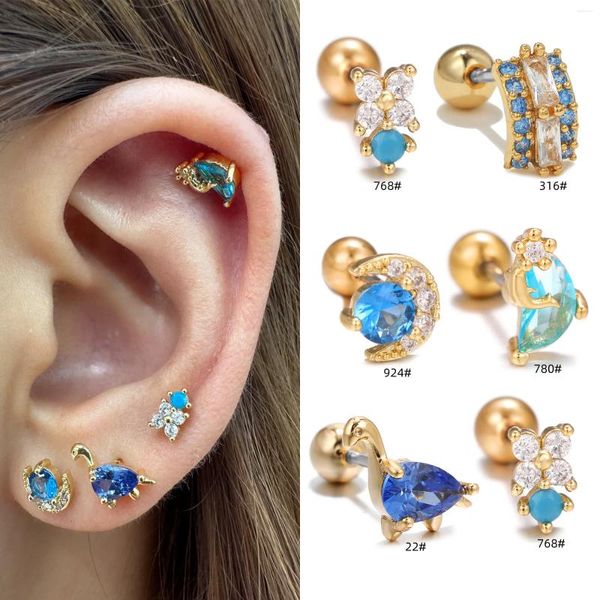 Boucles d'oreilles géométriques en Zircon bleu, 1 pièce, mignon, Vintage, Piercing, vis en os pour femmes et filles, bijoux à la mode, cadeau