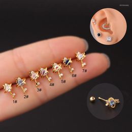 Pendientes de tuerca, 1 Uds., pendiente de estrella de luna de circón de colores mezclados pequeños, barra de tornillo de acero dorado clásico, joyería para Piercing de cartílago de oreja