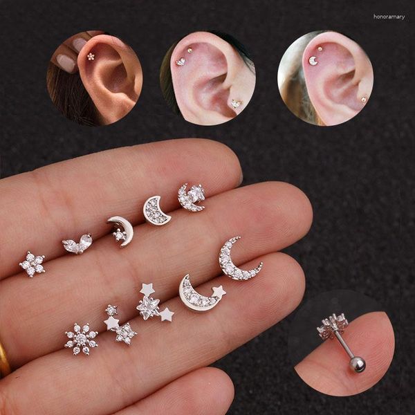 Stud Pendientes 1 UNIDS Lindo Pequeño Circón Luna Estrella Pendiente Plata Color Cobre Acero Tornillo-back Bar Bola Oreja Cartílago Piercing Cuff Jewelry