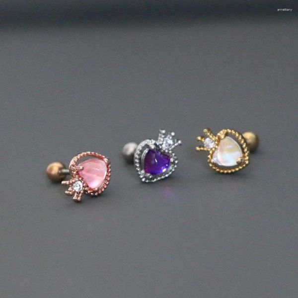 Pendientes de tuerca 1 Uds., pendiente pequeño y bonito con forma de corazón y corona de circonita, barra de acero dorada a la moda, Piercing para cartílago de oreja, joyería