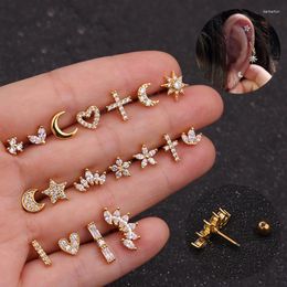 Boucles d'oreilles à tige 1 pièce en acier inoxydable Zircon boucle d'oreille pour femmes lune corss couronne étoile géométrique Cartilage oreille Piercing bijoux