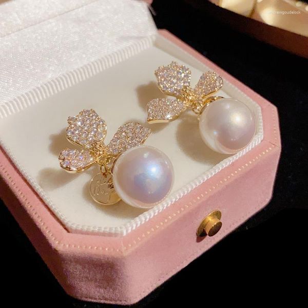 Boucles d'oreilles à tige Akoya en argent S925, 10-11mm, perle blanche, exquise, mode, Super scintillant, plein de diamants, Trifolium