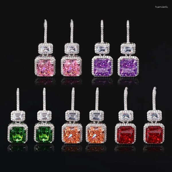 Pendientes de tuerca de 10 mm, forma cuadrada, color rosa, morado, rojo, verde, corte triturado, diamante de alto carbono, gancho de circón 5A