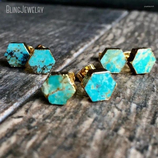 Boucles d'oreilles à clous turquoise pour femmes, 10 paires, hexagone Post moderne, pierre naturelle bleue, bijoux minimalistes