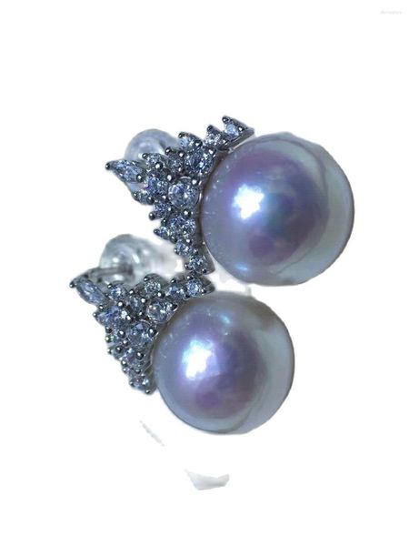 Boucles d'Oreilles Clous 11-12mm Naturel Rond Authentique Mer de Chine du Sud Perle Blanche ARGENT 925