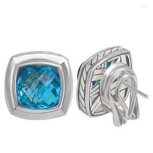 Stud Pendientes 11mm Cojín Corte Azul CZ Elegante Chic 17mm Cuadrado Studs Para Mujeres Joyería Moderna Chapada En Oro Blanco