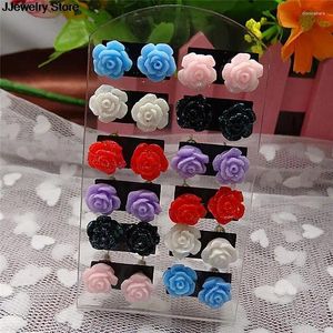 Pendientes de tuerca, paquete de 12 pares de pendientes, joyería de colores fluorescentes de rosas para mujer, regalo, lotes mixtos de flores rosas de resina