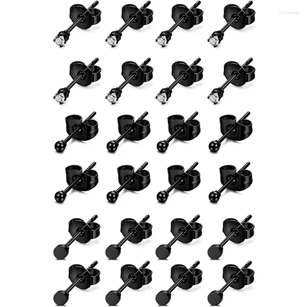 Boucles d'oreilles 12 paires en acier inoxydable noir pour les hommes femmes petites boules de disque ensemble en zircone cubique étouffe de piercing bijoux
