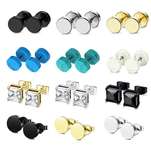 Boucles d'oreilles 12 paires en acier inoxydable CZ pour femmes hommes Barbell Punk gothique clous d'oreille ensemble de perçage