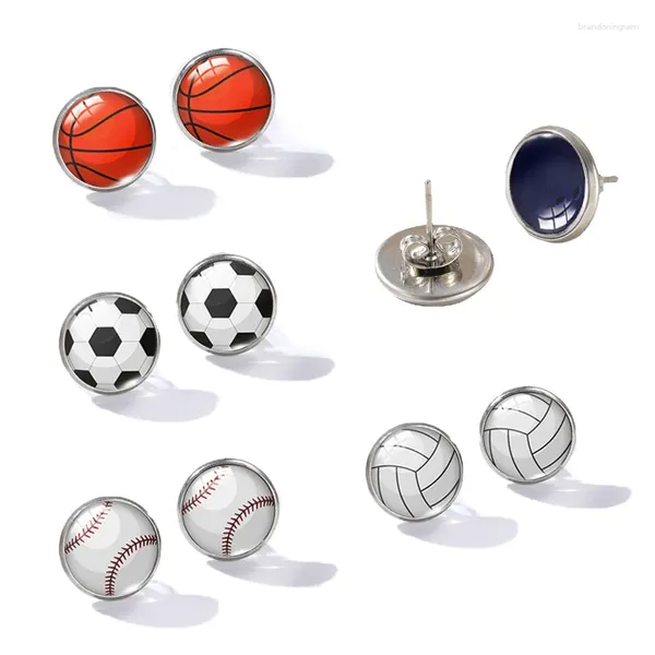 Pendientes de tuerca de cristal redondo de 12mm para baloncesto, béisbol, fútbol, voleibol, acero inoxidable, joyería hecha a mano, regalo para fanáticos