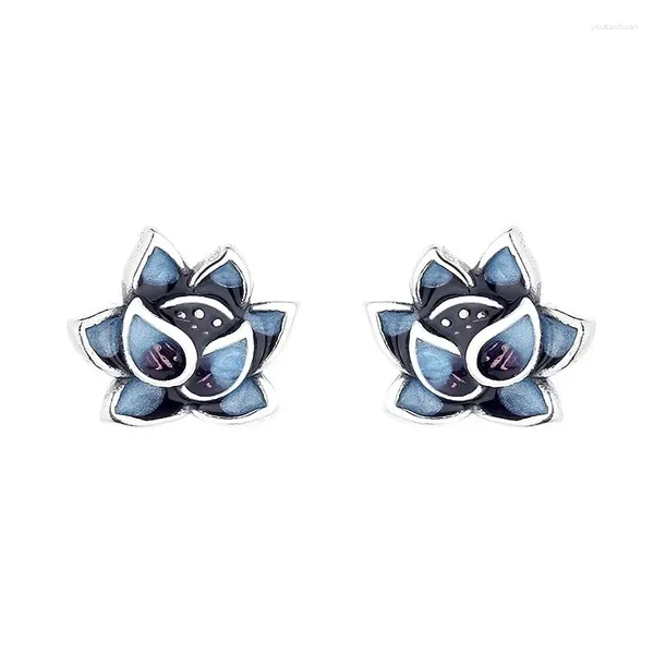 Pendientes de tuerca 143FRZFSILVER S925 Plata Moda coreana Moda de lujo Color Esmalte Cloisonne Lotus Charms Joyería Niñas Mujeres Match-all