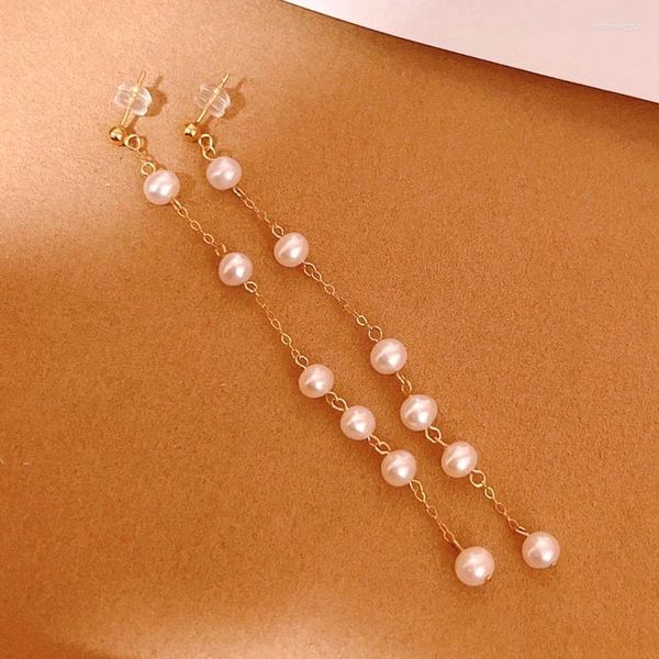 Pendientes de tachuelas de 14k Joyas de moda llenas de oro Drop Natural Pearl Dangle Sweet Vintage Cadena para niñas Regalos de mujeres