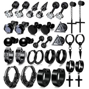 Boucles d'oreilles à tige 16 paires pour hommes, ensemble de bijoux de perçage en forme de croix en acier inoxydable noir pour fêtes d'anniversairePlus