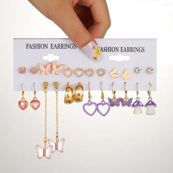 Pendientes de tuerca de 17KM para mujer y niña, conjunto colgante de mariposa y corazón bonito, Ziron de seta púrpura rosa, tendencia de joyería