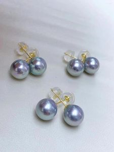 Boucles d'oreilles en or 18K, perle d'eau de mer pour femmes, 7-8mm, véritable rond Akoya gris bleu, accessoires bijoux simples pour fête de mariage