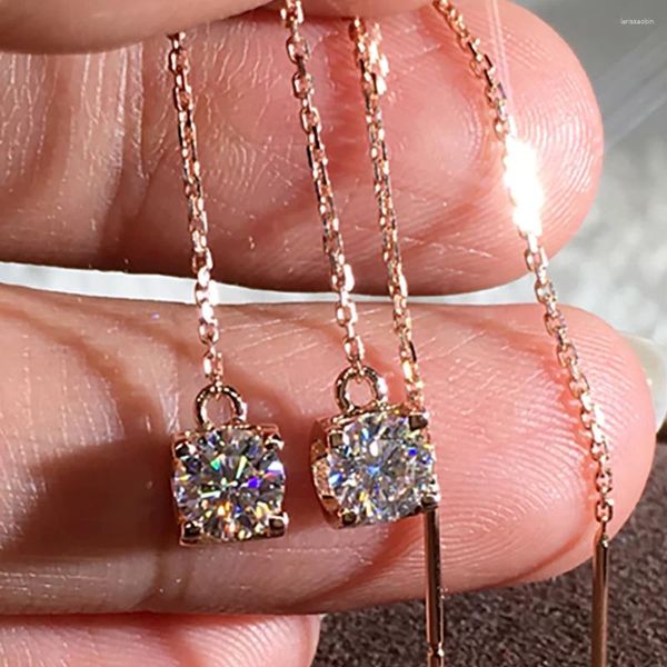 Pendientes de tuerca de oro rosa de 18 quilates para mujer, línea de caída de 1 quilate, fiesta de compromiso de aniversario de boda, borla redonda de 0,5 quilates, diamante moissanita