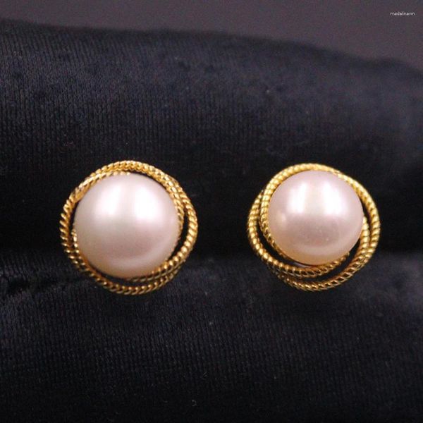 Boucles d'oreilles à tige en or jaune 18 carats, en argent Sterling 925 véritable, boule de perles d'eau douce naturelles pour femmes, 18 à 10mm