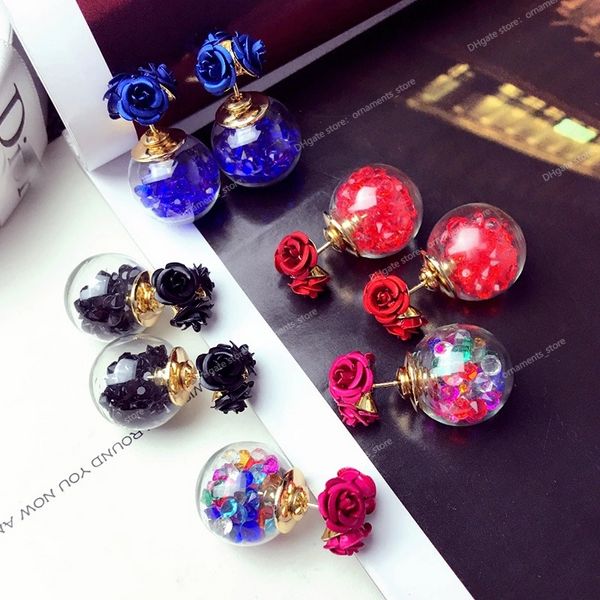 1 paire mode mignon femmes filles élégant exquis oreille Stud Zircon cristal trois roses fleurs boule de verre Double côtés boucles d'oreilles boucles d'oreilles Stud Earring double zircon