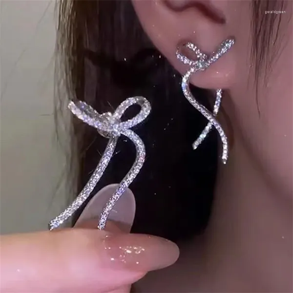 Boucles d'oreilles étalon 1Pair Ribbon Bow Drop Drop Kicein Style Ringestone Overts For Women Girls Wedding Jewelry Gift