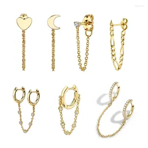 Boucles d'oreilles 1pc 2024 Piercing de trou d'oreille pour femmes lune coeur chaîne CZ cristal Double cercle Huggies bijoux