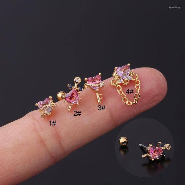 Pendientes de tuerca para mujer, 1 unidad, 20G, cartílago de barra de acero inoxidable para mujer, corazón de circonia cúbica colorida, Tragus, Concha, Rook, joyería para Piercing en la oreja