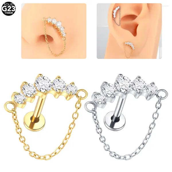 Pendientes de tuerca para mujer, 1 unidad, titanio de grado implante curvo, cadena única, lóbulo de circón redondo, Piercing para el trago, joyería corporal 16G