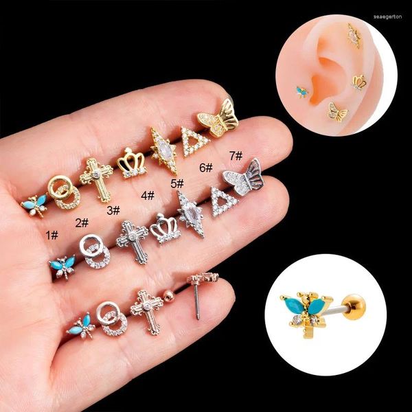 Pendientes de tuerca, 1 pieza, Piercing de acero inoxidable, mariposa, cruces, triángulos, forma de corona, Piercings Daith, pendientes para cartílago del trago