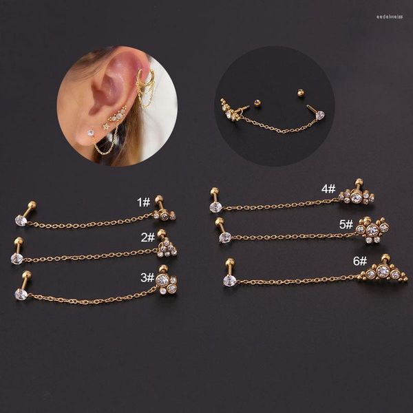 Pendientes de tuerca 1 pieza de acero inoxidable de 1,2 MM para mujer, joyería de moda, Piercing, cadena desmontable, pendiente de circón perforado doble