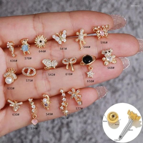 Pendientes de tuerca, 1 pieza, pendiente para mujer, joyería para niñas, circonita cúbica, mariposa, oso, conejito, barra de acero inoxidable de 8mm