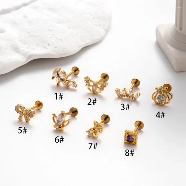 Boucles d'oreilles Stud 1 acie G23 Titanium Rod Push Pin Lip à plat pour les femmes 1,6 g de piercing Bow Zircon Cartilage