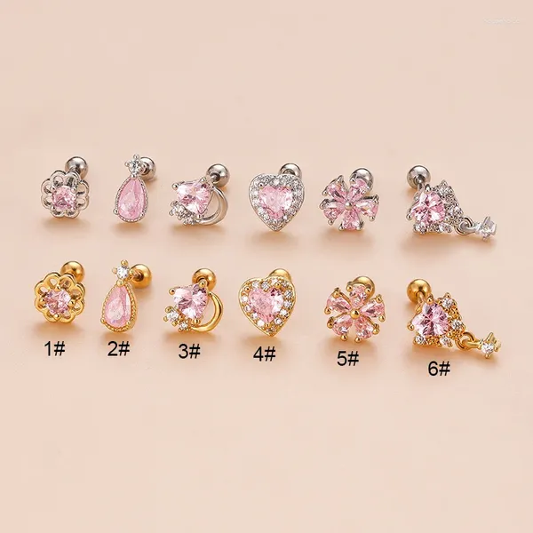 Boucles d'oreilles en forme de cœur rose en Zircon pour filles, 1 pièce, tendance 2024, bijoux pour femmes, Piercing en acier inoxydable