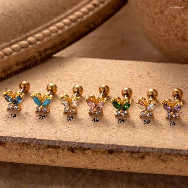 Boucles d'oreilles à tige en acier inoxydable, 1 pièce, boule à vis avec Zircon coloré, Mini Cartilage papillon, bijoux de perçage à la mode pour femmes