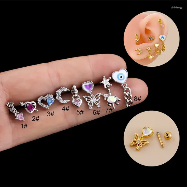 Boucles d'oreilles étalon 1 actions de zircon coeur lune en acier inoxydable boucles d'oreille pour femmes bijoux menottes d'oreille épais tiers de perçage des adolescents