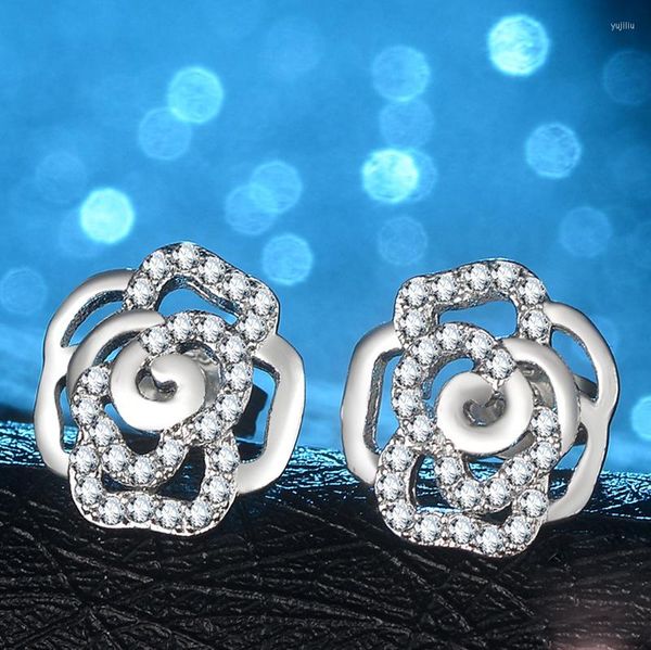 Boucles d'oreilles à tige 2 couleurs 925 argent aiguille scintillante fleur rose avec zircon cubique clair mode femmes bijoux cadeaux d'anniversaire