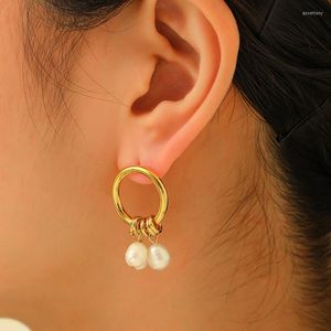 Stud -oorbellen 2022 Trendy Natural Pearl Earring voor vrouwen sieraden metalen geometrische cirkel 925 zilveren naalddruppelaccessoires