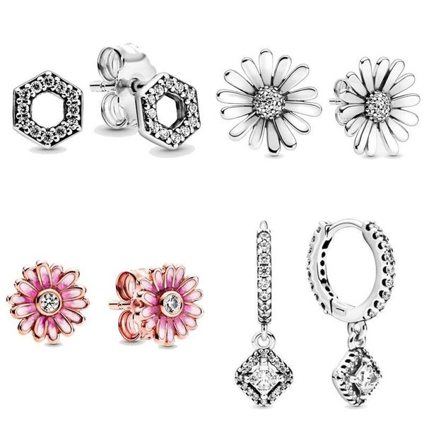 Pendientes de sementales 2023 925 Sterling Silver Daisy Flower Square Sparkle Honeycomb Hexagon Pan Pending para mujeres Joyas de bricolaje